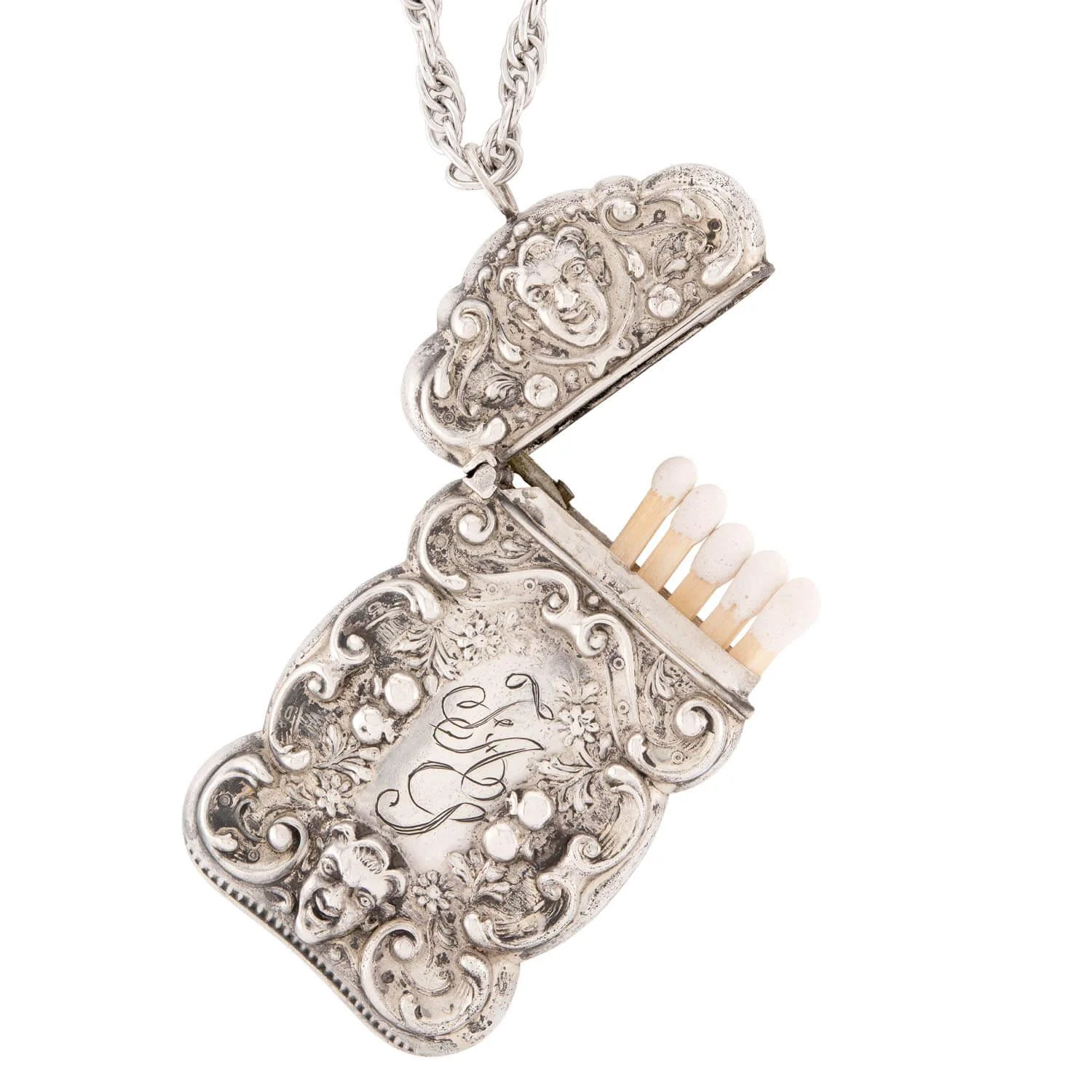 Victorian Sterling Devil Repoussé Match Safe Necklace - Image 5