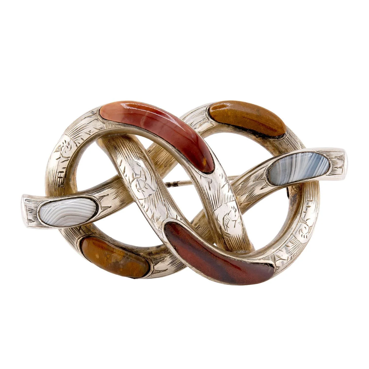 Victorian Sterling Silver Scottish Agate Knot-Motif Brooch
