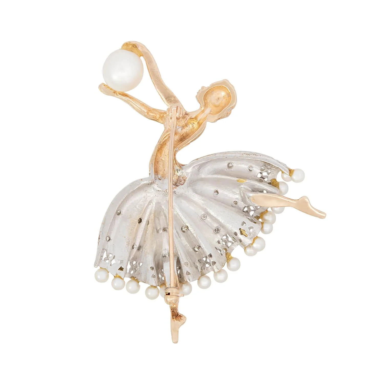 Retro 14k White/Yellow with Diamonds & Pearl Ballerina Pin - Image 3