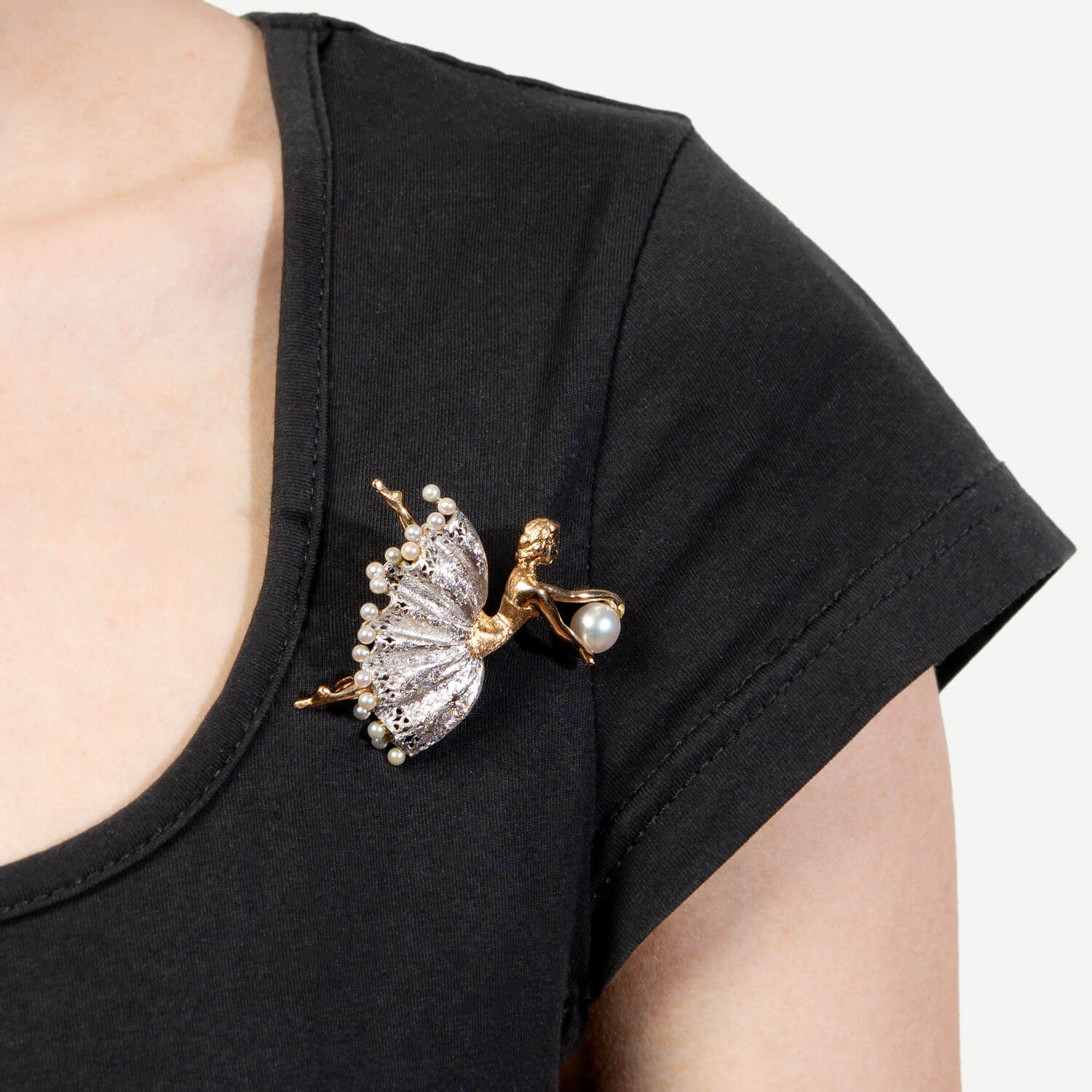 Retro 14k White/Yellow with Diamonds & Pearl Ballerina Pin - Image 4