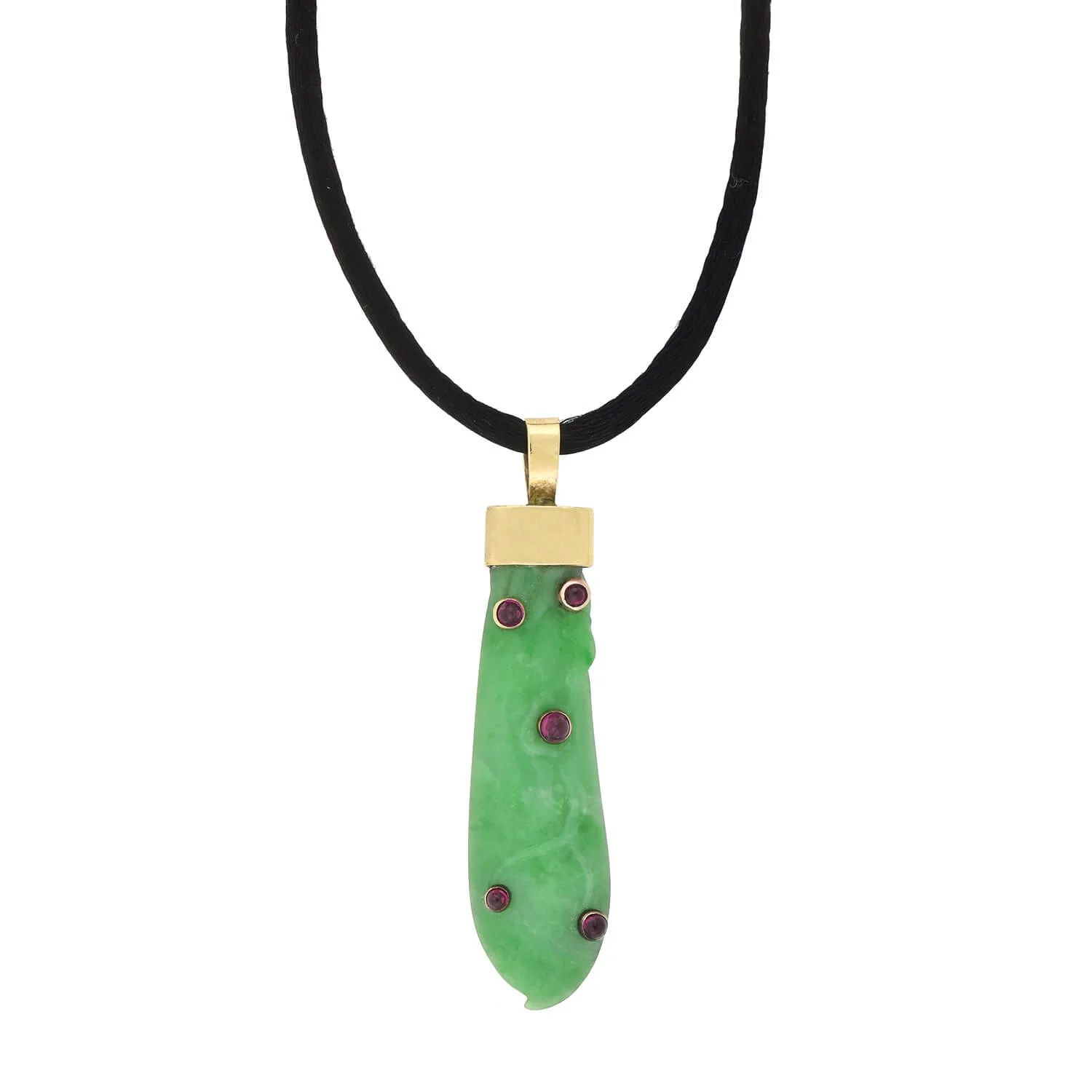 Vintage 14kt/Sterling Carved Jade + Ruby Peapod Pendant Necklace - Image 2