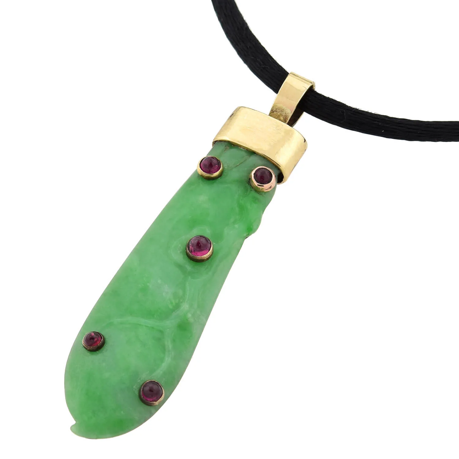 Vintage 14kt/Sterling Carved Jade + Ruby Peapod Pendant Necklace - Image 3