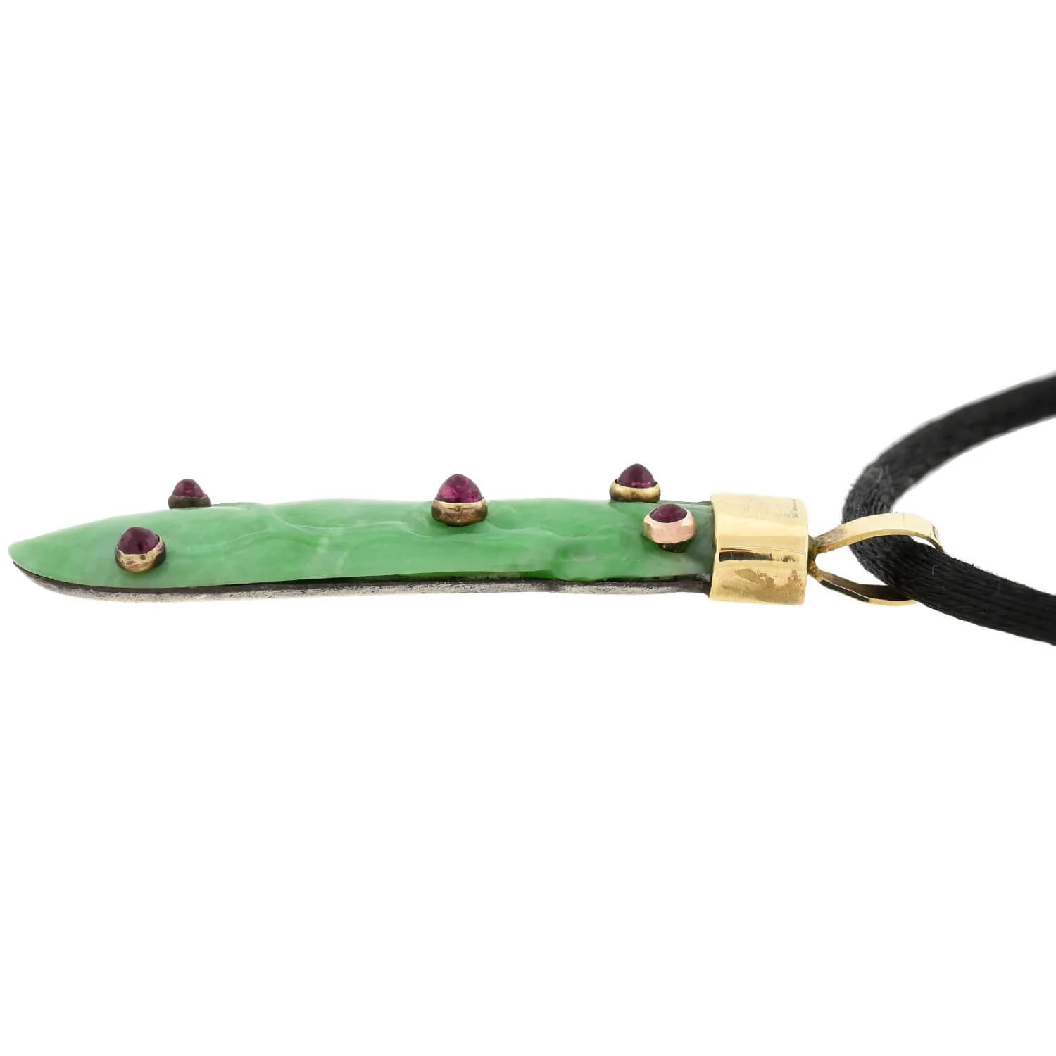 Vintage 14kt/Sterling Carved Jade + Ruby Peapod Pendant Necklace - Image 4