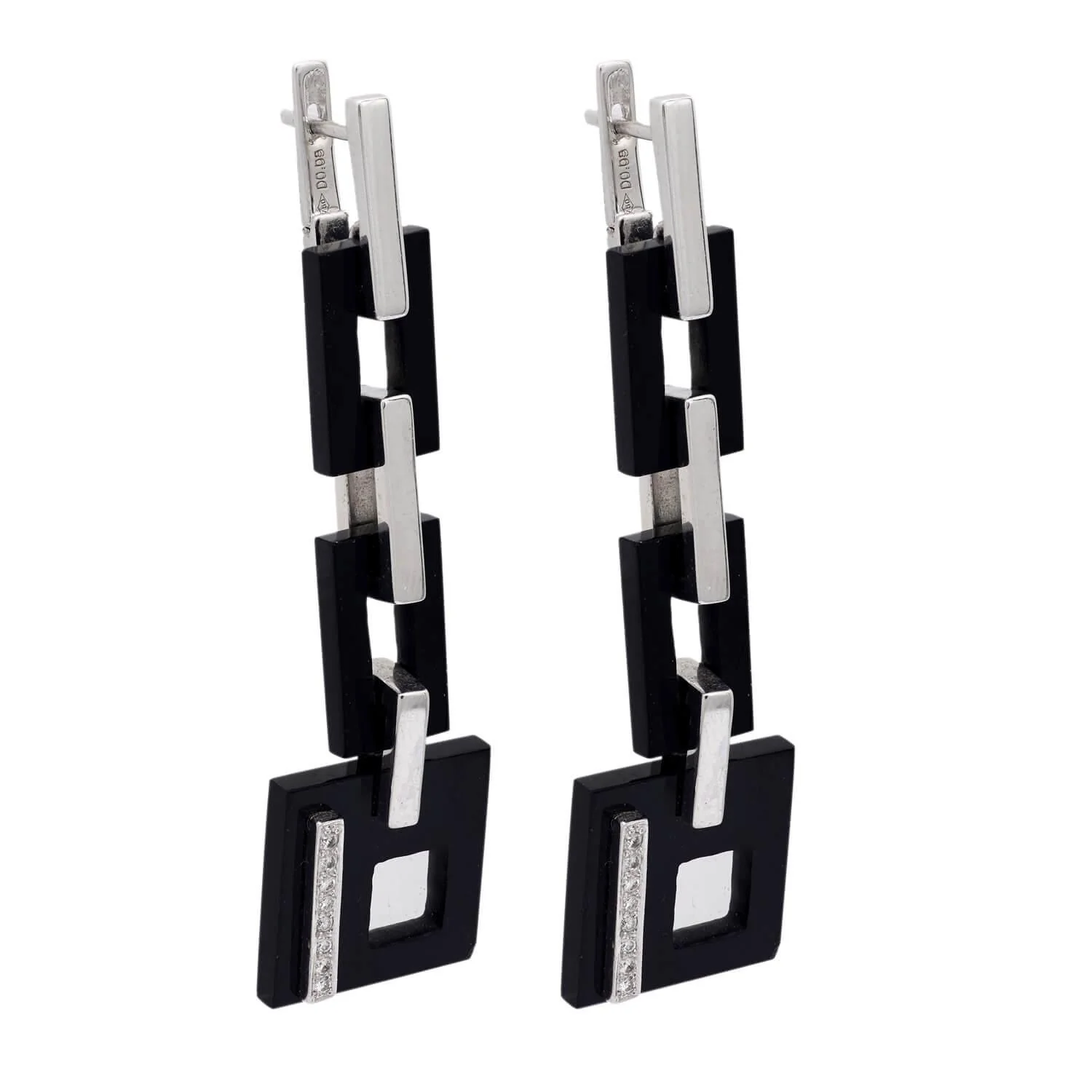 Vintage 18k Onyx & Diamond Geometric Drop Earrings - Image 2