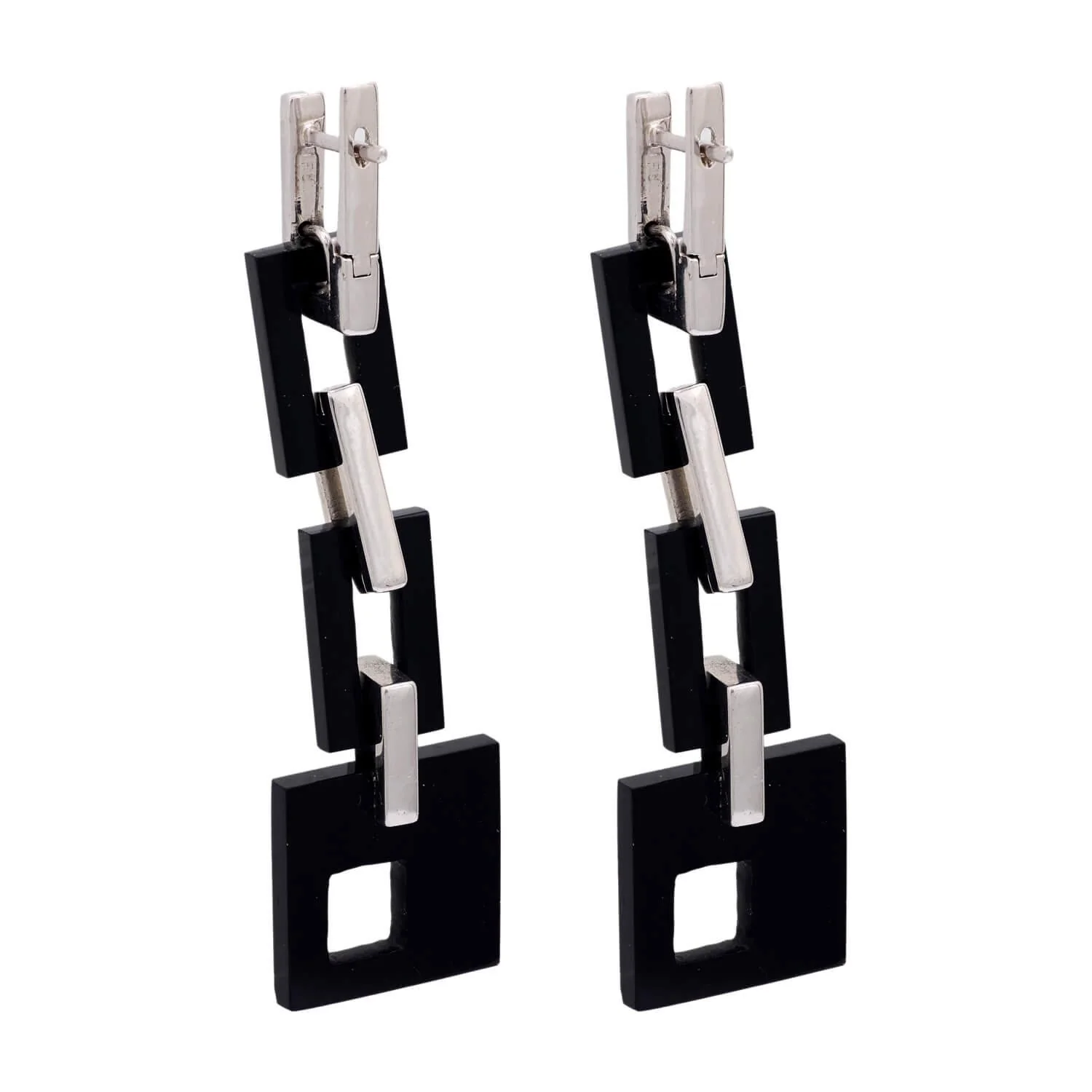 Vintage 18k Onyx & Diamond Geometric Drop Earrings - Image 3