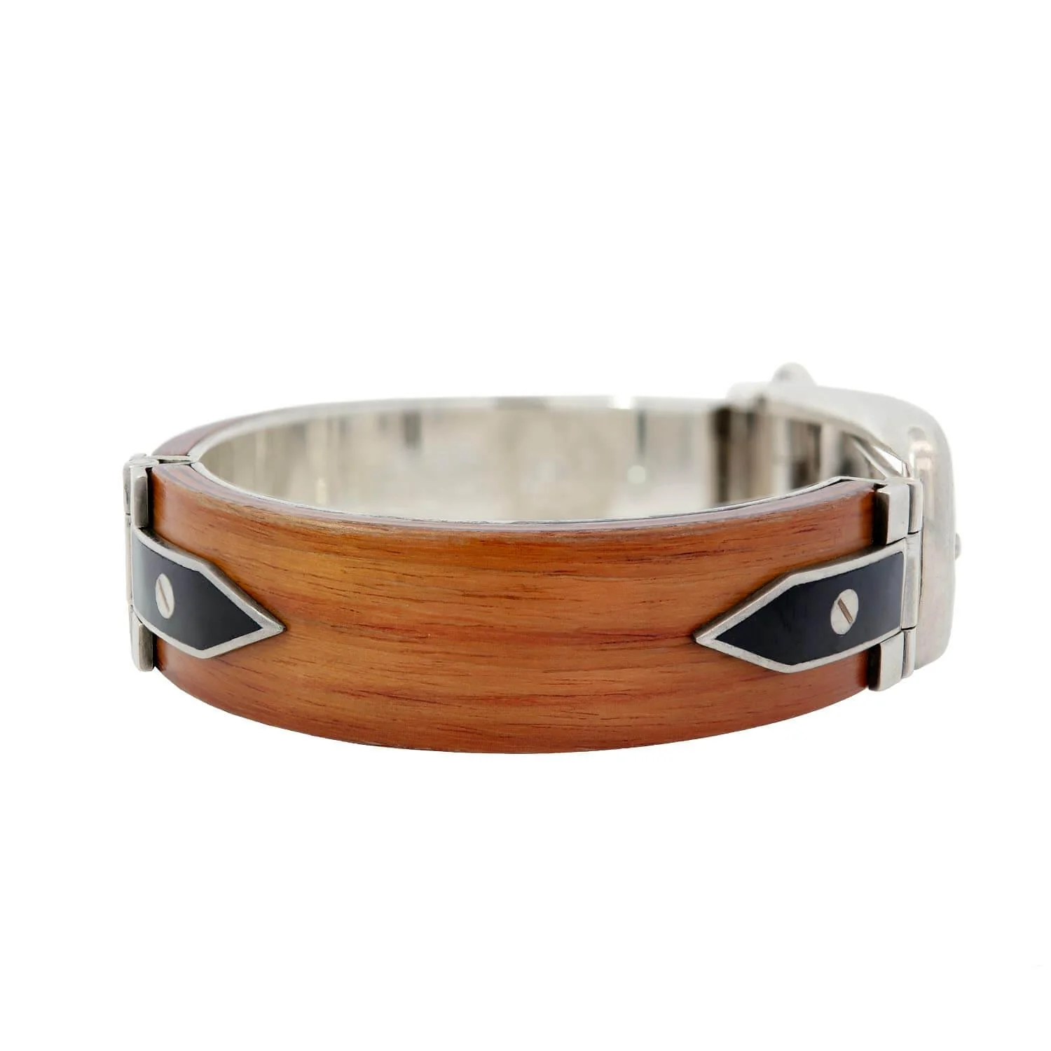 Vintage Gucci Sterling Silver Wood Enameled Buckle Bracelet - Image 2