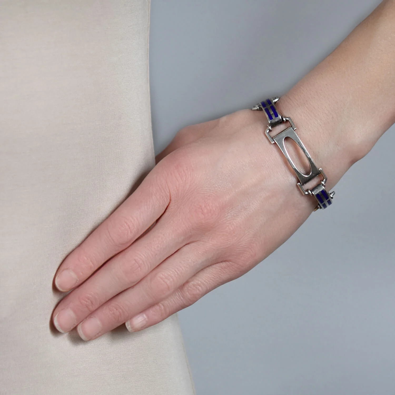 Vintage Sterling Silver Blue Enameled Open Link Bracelet - Image 7