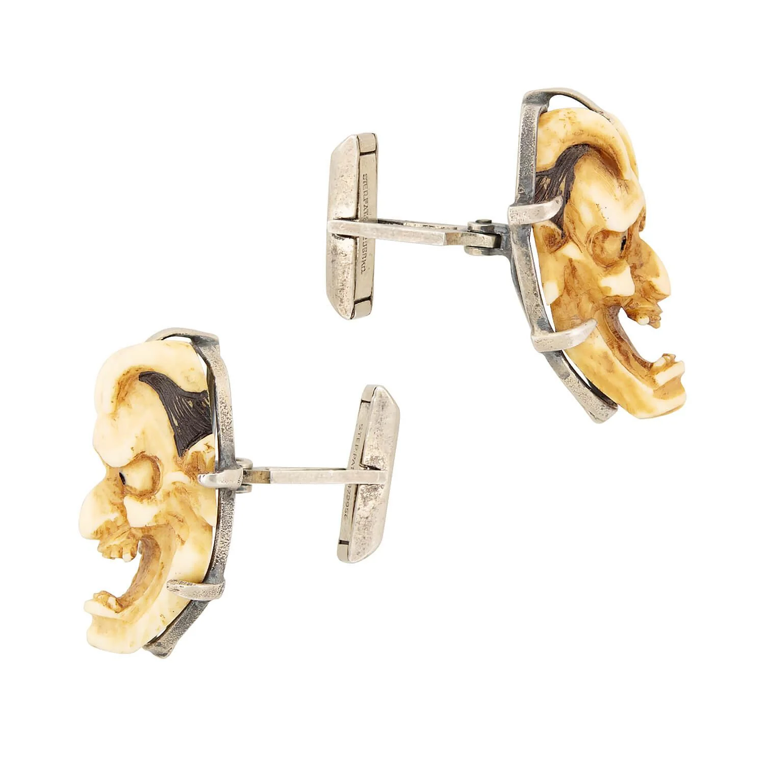 Vintage Sterling Silver, Bone, and Enamel Japanese Cufflinks - Image 2