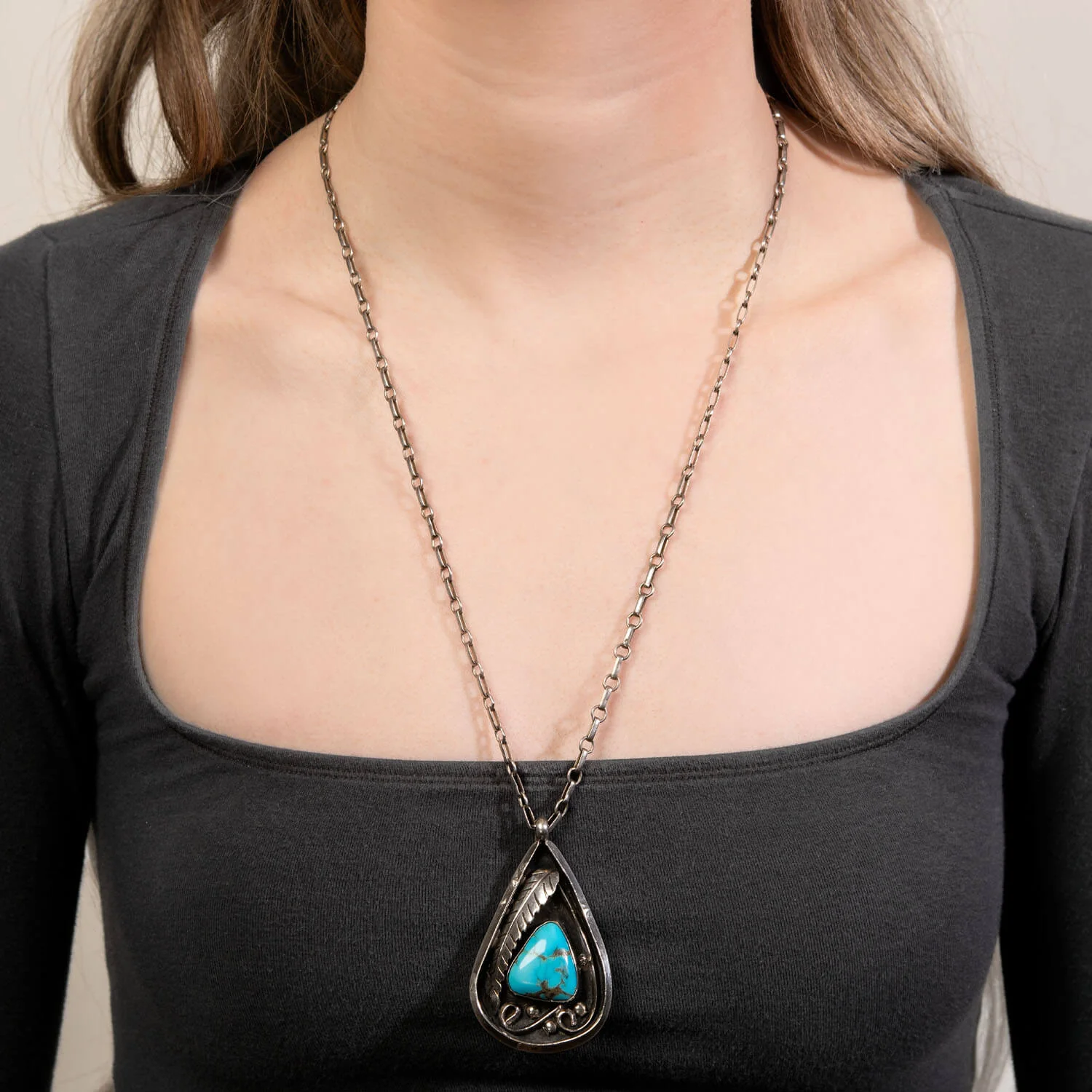 Vintage Sterling Silver Turquoise Teardrop Pin/Pendant Necklace - Image 6