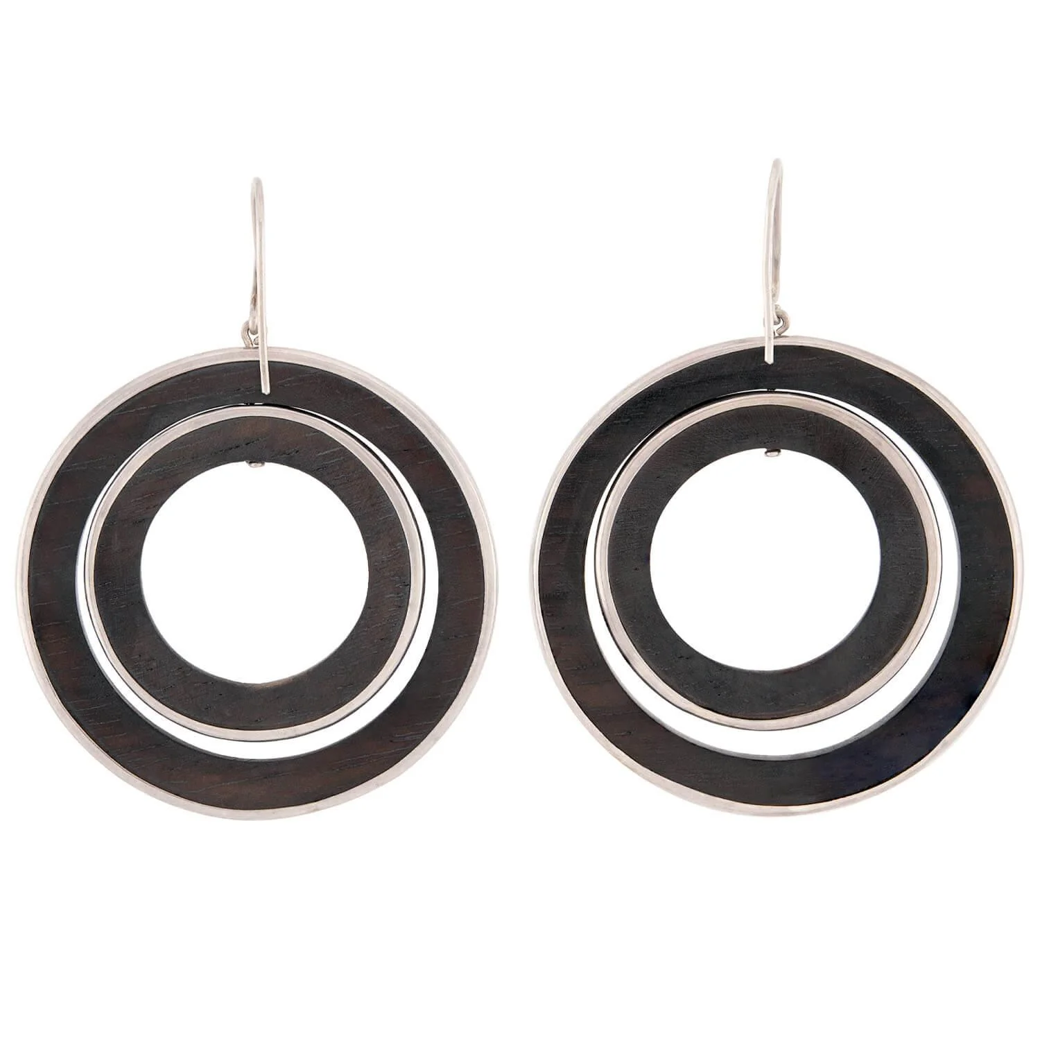 Vintage Sterling Silver & Wood Double Hoop Earrings - Image 3